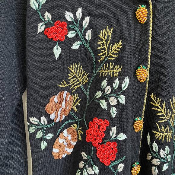 Storybook Knits Holiday Pines Cardi Sweater Size XS Beaded Embroidery Fur Collar - Picture 7 of 11